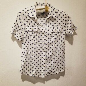 Karen Scott Women's Button Down Blouse Medium Petite Cotton Polka Dot Blue White